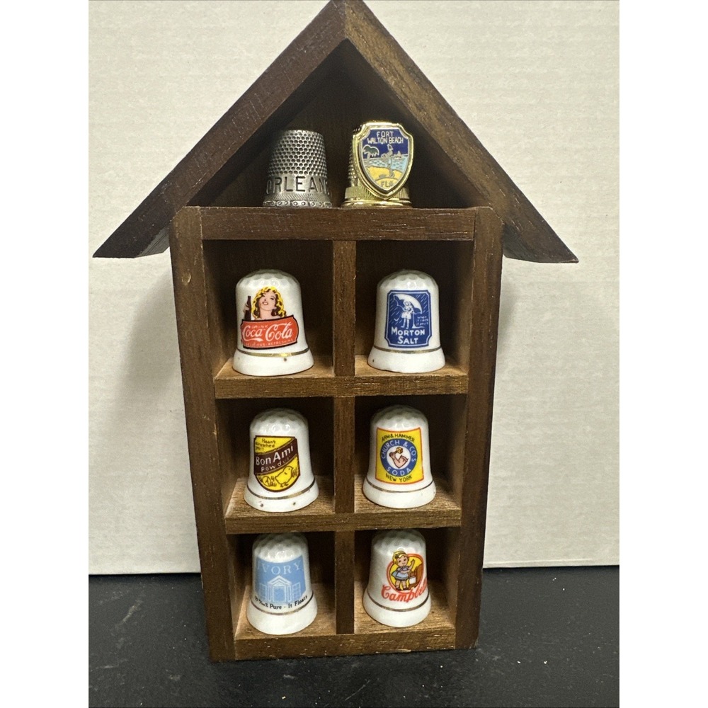 6 vintage porcelain or ceramic advertising thimbles 2 Metal Shadow Box Display
